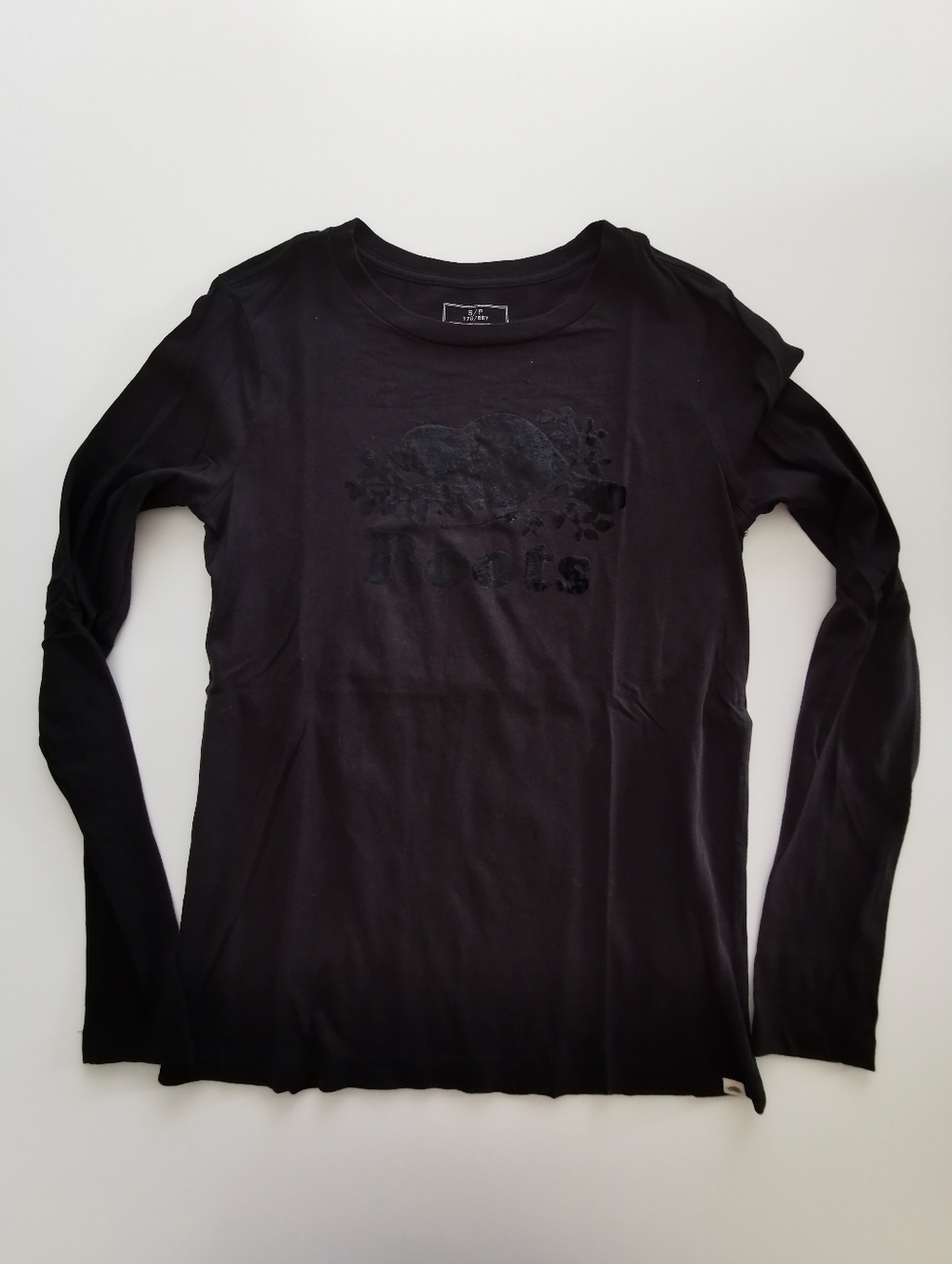 Roots Black Crew Neck Long Sleeve, Black Velvet Iconic Logo Graphic Top Shirt